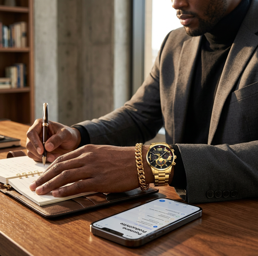 Ensemble Montre Geneva Premium & Bracelet Or - Élégance Masculine