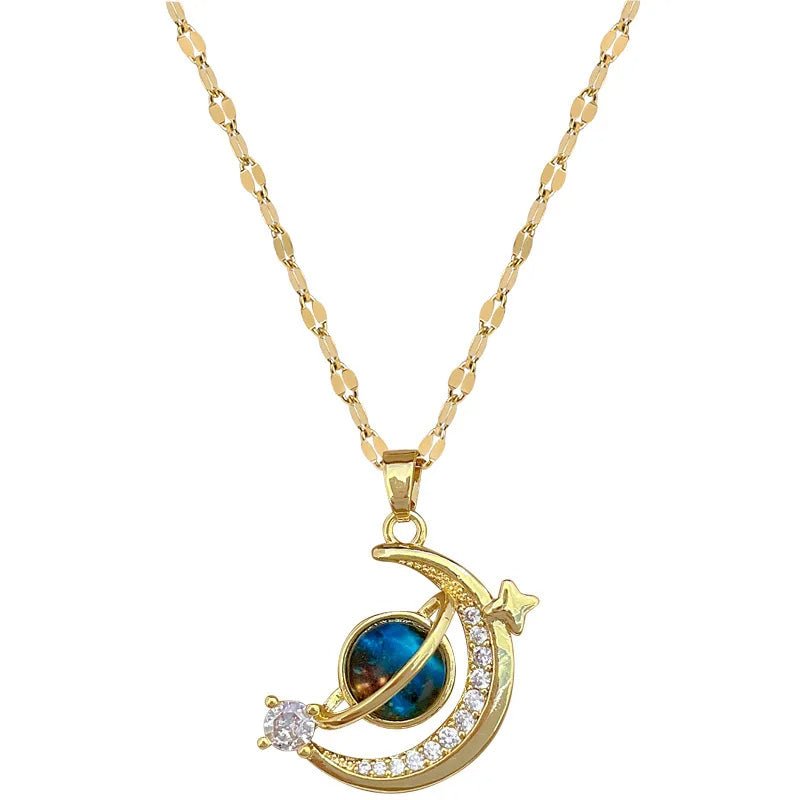 Ensemble Collier Étoile, Lune & Planète en Zircon – Élégance Cosmique