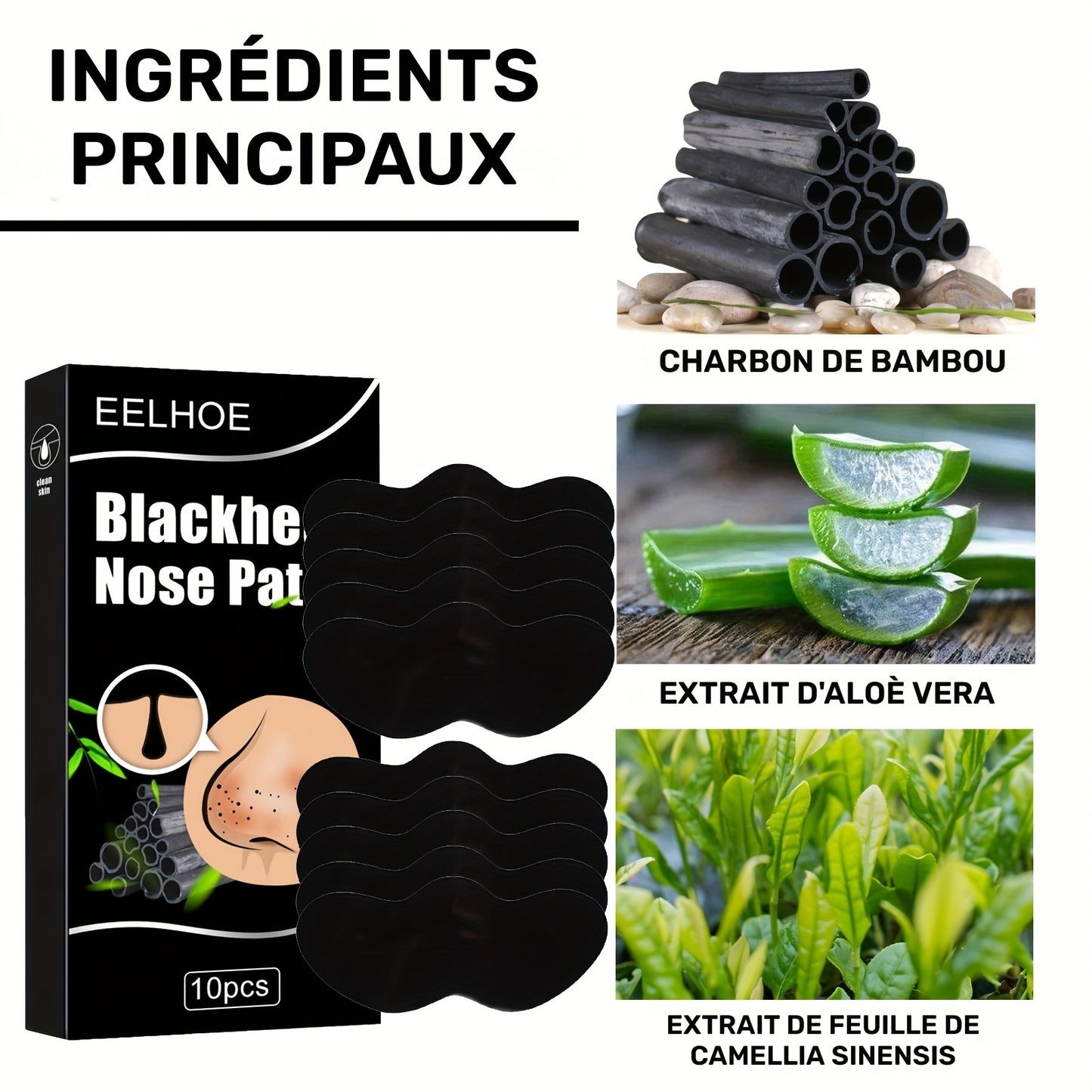 🌿 Patch pour le Nez Anti-Points Noirs au Charbon de Bambou – Masque Nettoyant Profond (10 pièces)