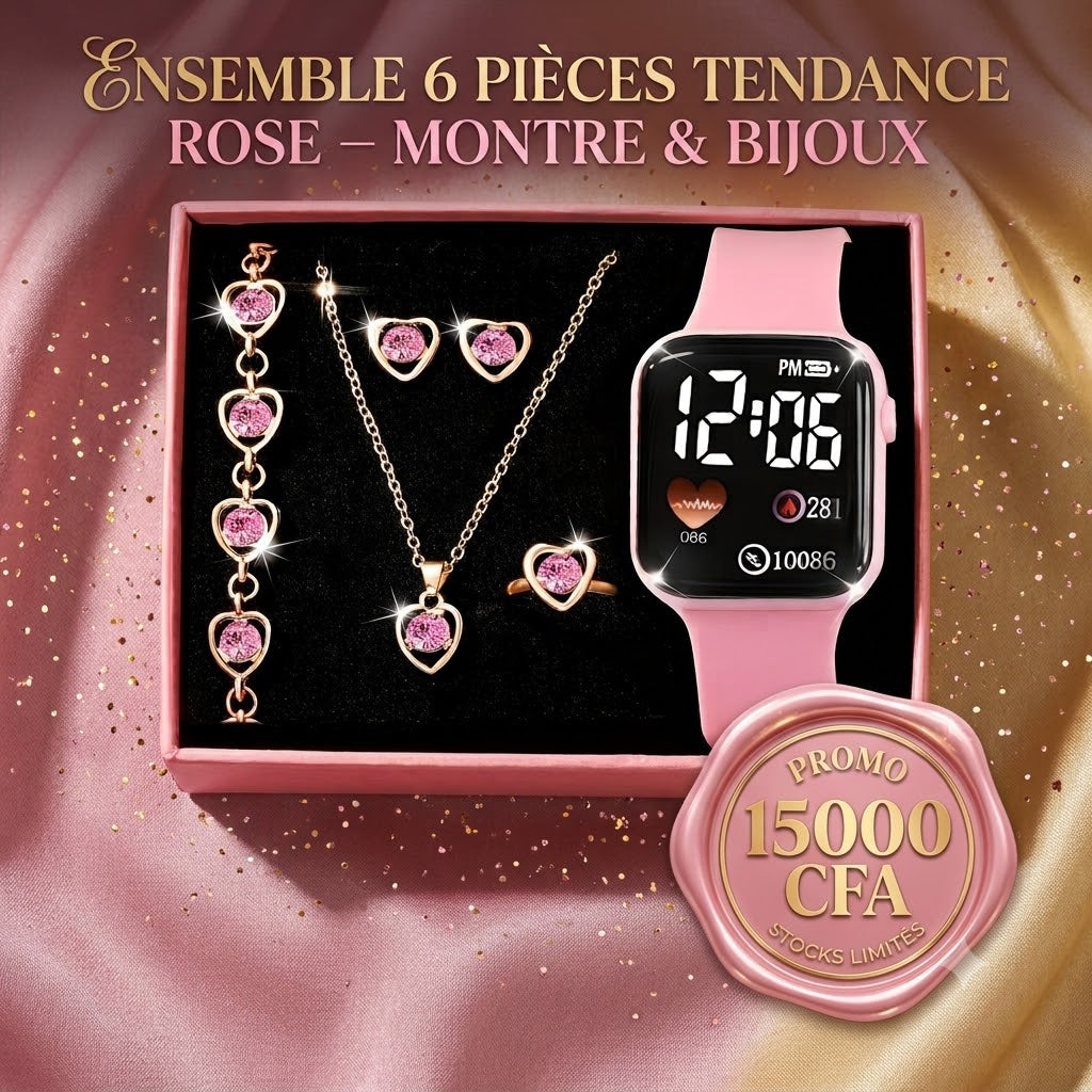 ENSEMBLE 6 PIÈCES TENDANCE ROSE – MONTRE & BIJOUX