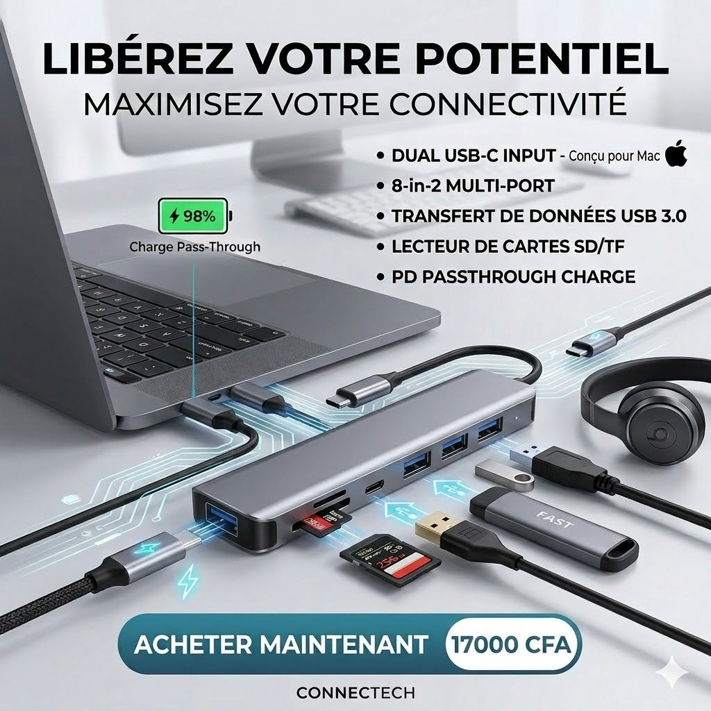 HUB MULTIFONCTION 8-EN-1 – CONNECTIVITÉ COMPLÈTE & PERFORMANCE FLUIDE