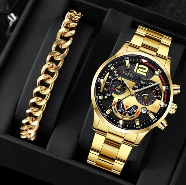 Ensemble Montre Geneva Premium & Bracelet Or - Élégance Masculine
