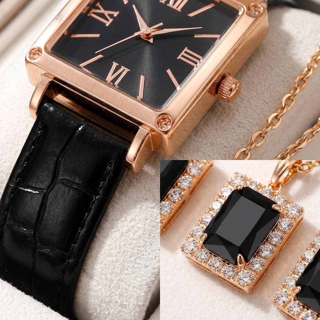 Parure Royale Émeraude Noire & Or – Montre Vintage et Bijoux Femme
