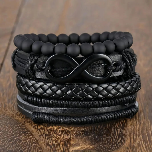 Bracelet Vintage Unisexe – Perles Noires & Cuir PU Multicouche