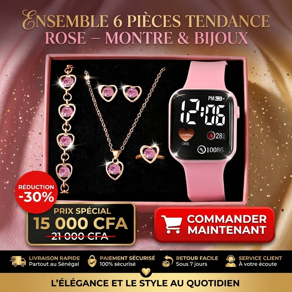 Ensemble Élégance Rose 2026 - Montre LED & Bijoux Cœur