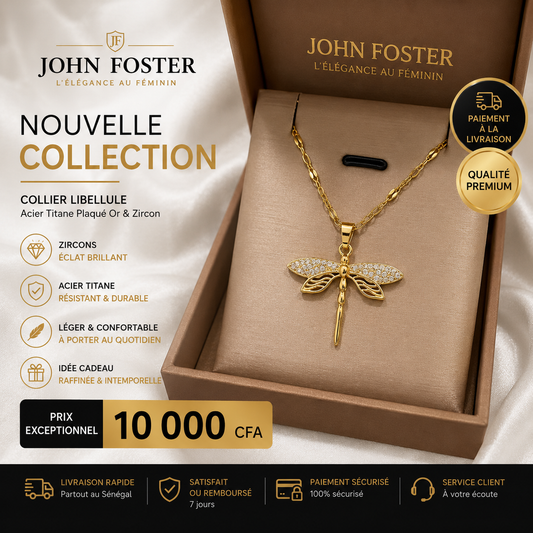 COLLIER FEMME LIBELLULE – ACIER TITANE PLAQUÉ OR & ZIRCON