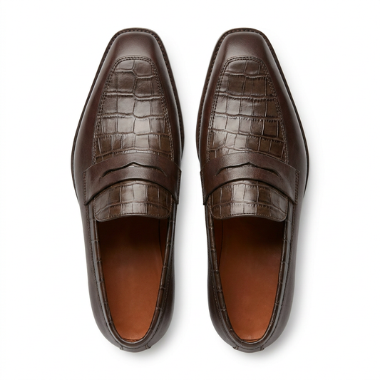 Mocassins Prestige en Cuir Chocolat & Effet Crocodile – Élégance Masculine au Congo