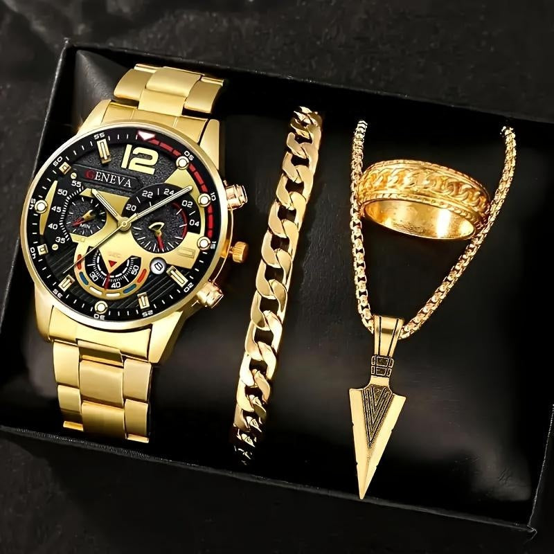 Parure Prestige Homme Or - Montre, Collier Flèche & Gourmette