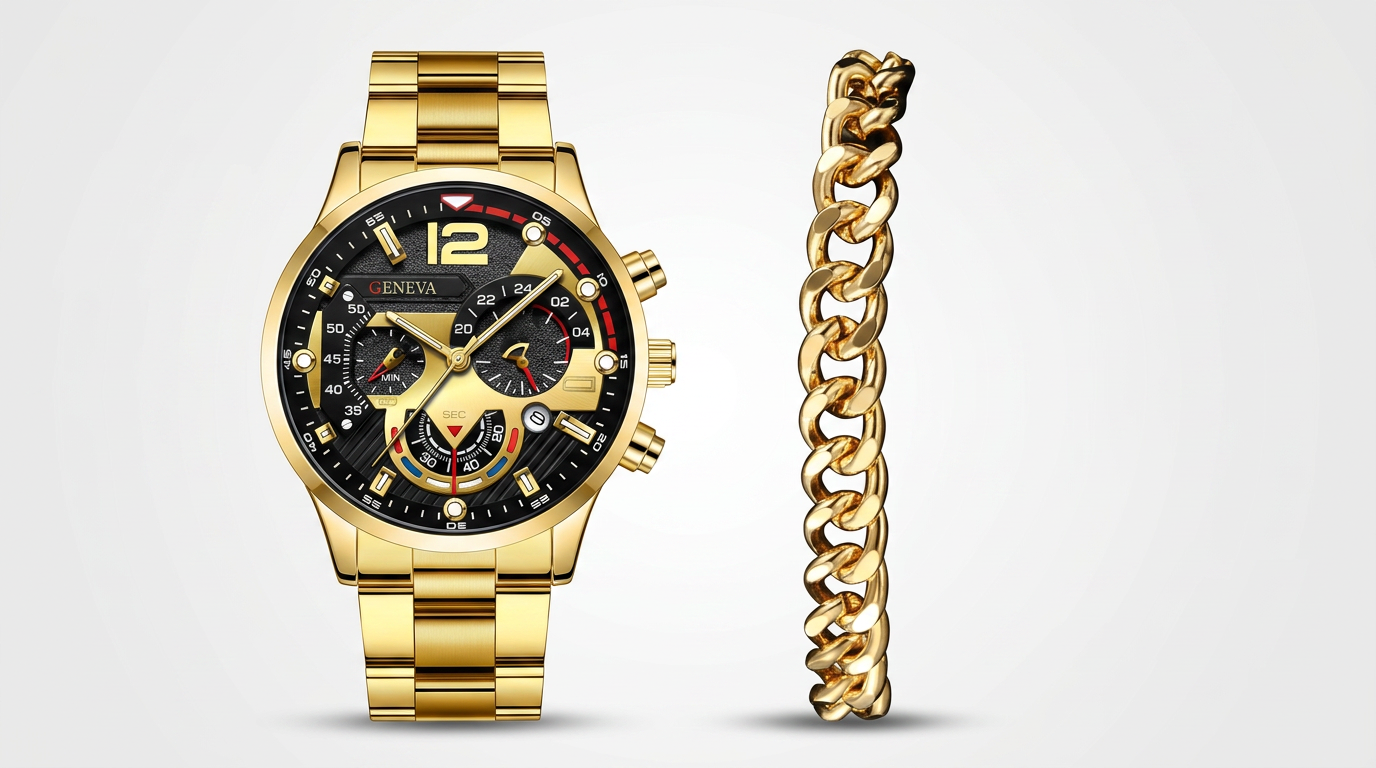 Ensemble Montre Geneva Premium & Bracelet Or - Élégance Masculine