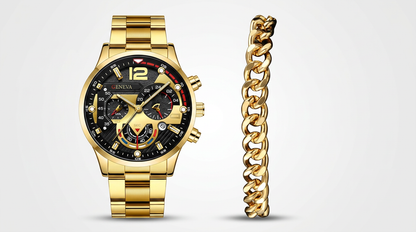 Ensemble Montre Geneva Premium & Bracelet Or - Élégance Masculine