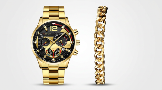 Ensemble Montre Geneva Premium & Bracelet Or - Élégance Masculine