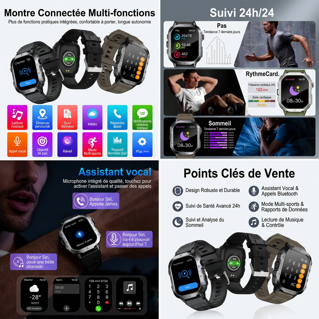Smartwatch Tactique Multi-Fonctions | Performance & Santé au Poignet