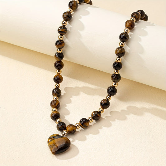 Collier Élégant Vintage en Perles d'Œil de Tigre avec Pendentif Cœur