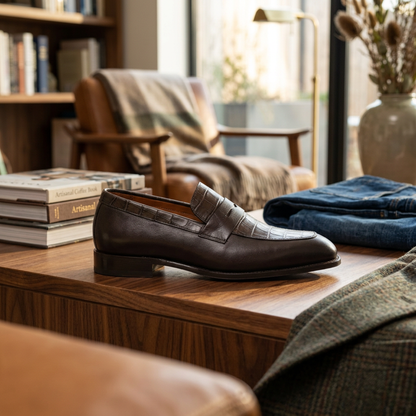 Mocassins Prestige en Cuir Chocolat & Effet Crocodile – Élégance Masculine au Congo