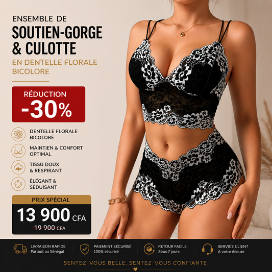 Ensemble de Soutien-gorge & Culotte en Dentelle Florale Bicolore