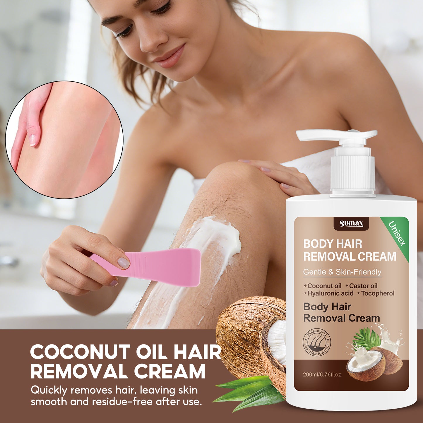 Crème Dépilatoire Sumax à l'Huile de Coco - Peau Douce en 10 Minutes