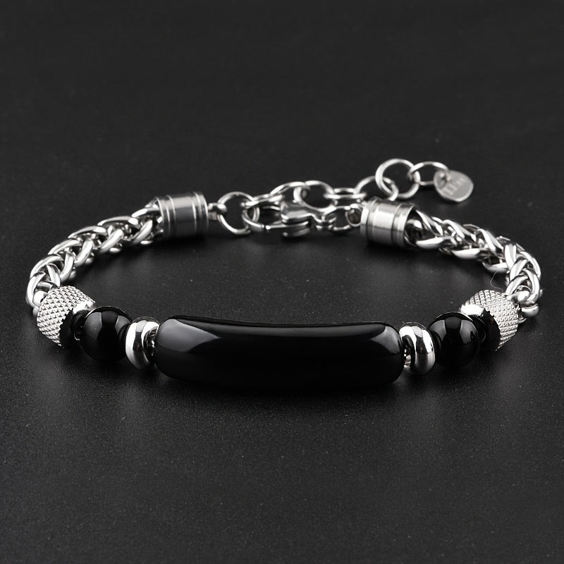 Bracelet en Chaîne de Fleur avec Perles Naturelles – Onyx Noir & Œil de Tigre