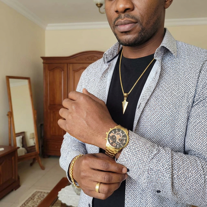 Parure Prestige Homme Or - Montre, Collier Flèche & Gourmette