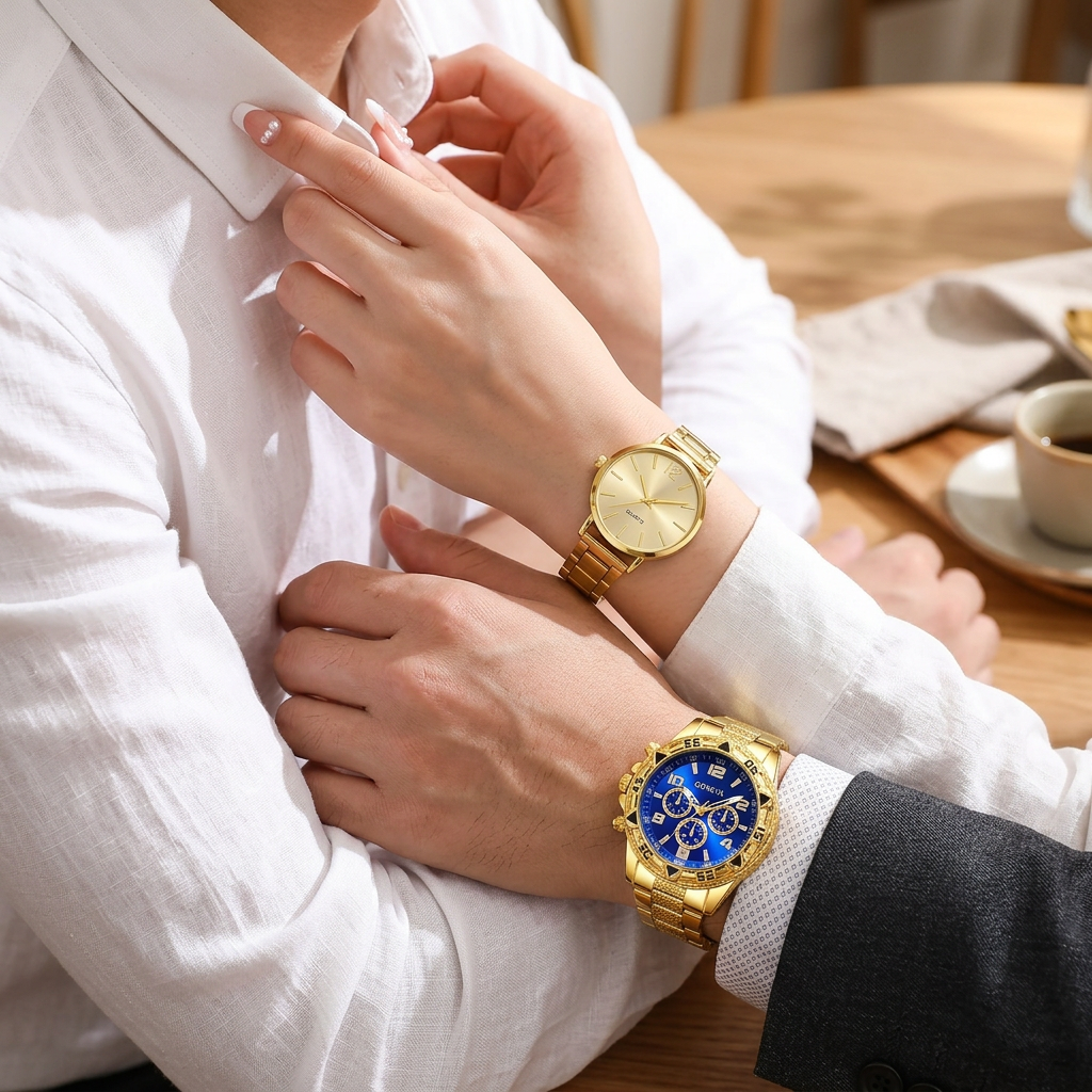 Ensemble Prestige Couple – Montres & Bracelets de Luxe Dorés
