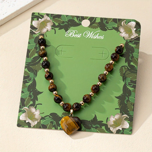 Collier Élégant Vintage en Perles d'Œil de Tigre avec Pendentif Cœur