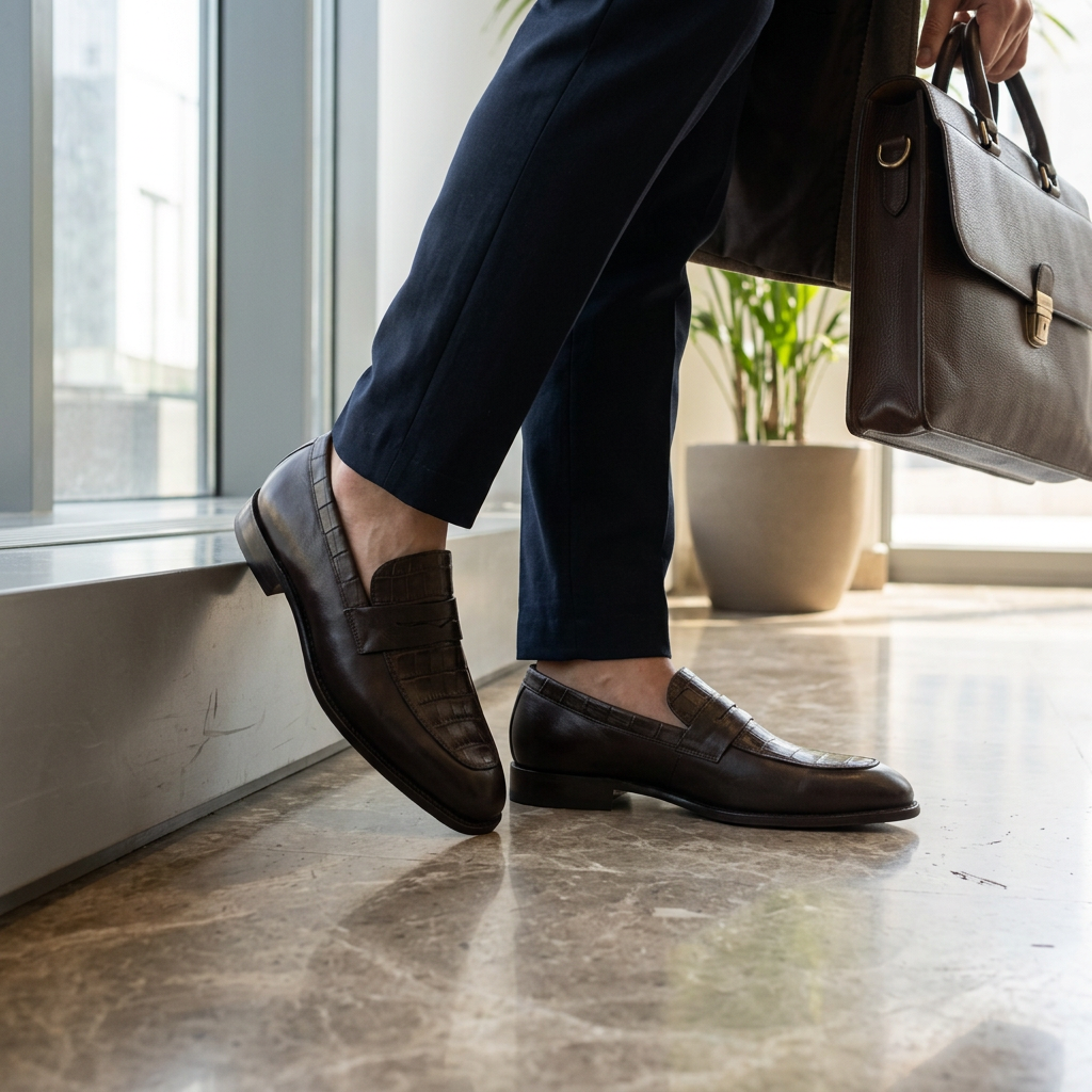 Mocassins Prestige en Cuir Chocolat & Effet Crocodile – Élégance Masculine au Congo