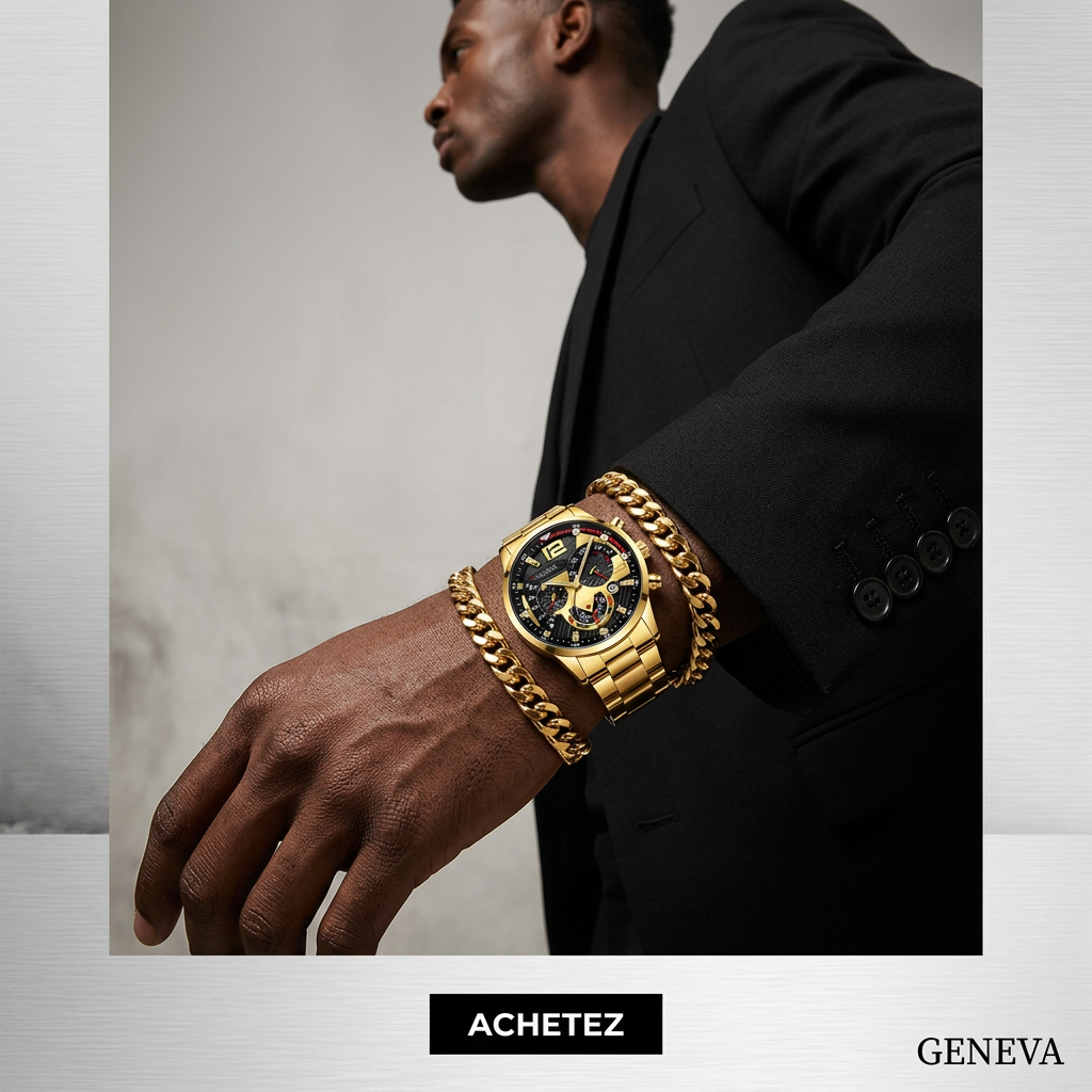 Ensemble Montre Geneva Premium & Bracelet Or - Élégance Masculine