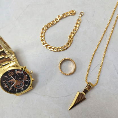 Parure Prestige Homme Or - Montre, Collier Flèche & Gourmette
