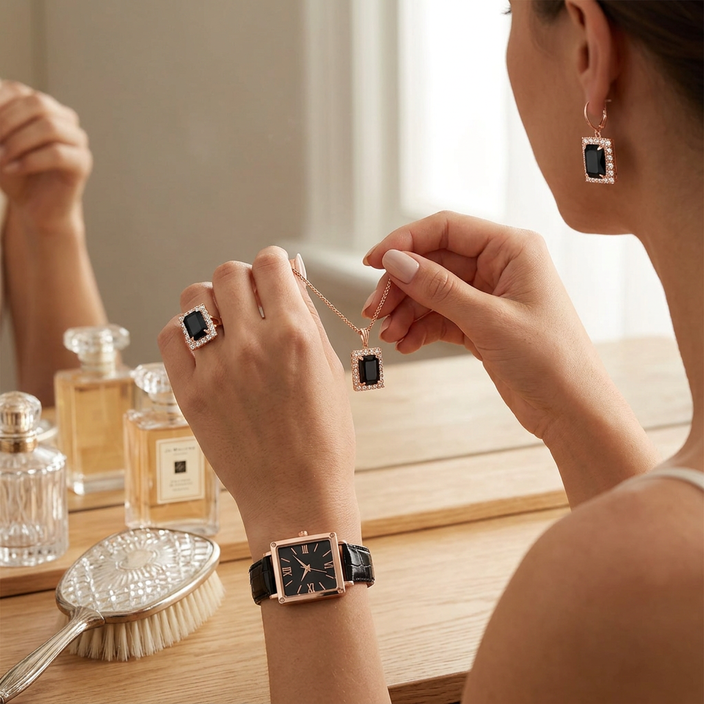 Parure Royale Émeraude Noire & Or – Montre Vintage et Bijoux Femme
