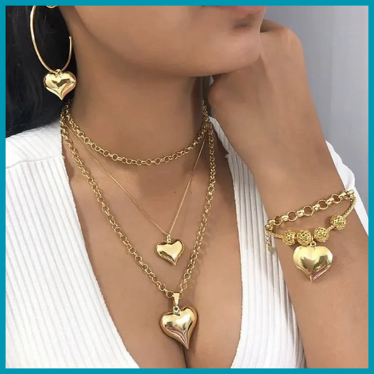 Ensemble Bijoux Déclaration Femme – Multicouche avec Grand Pendentif Cœur