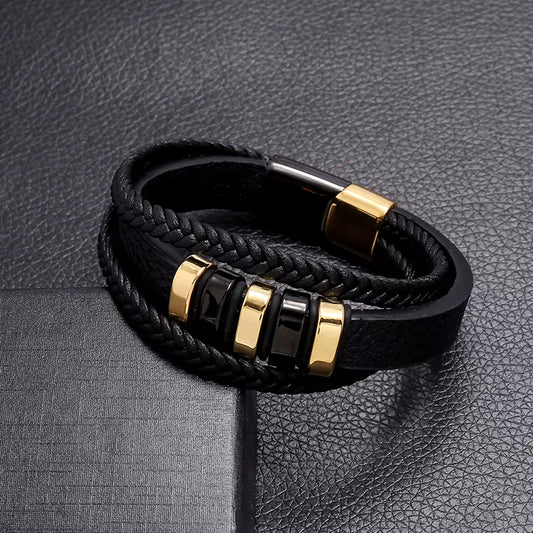 Bracelet Tressé en Cuir & Acier Inoxydable Plaqué Or – Fermoir Magnétique