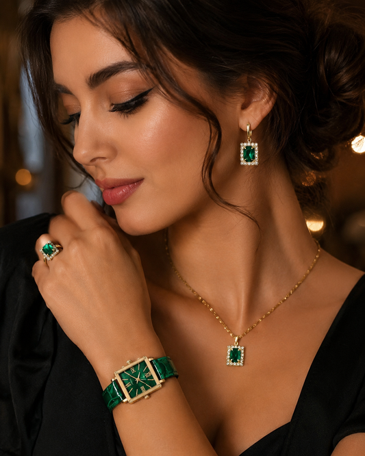ENSEMBLE MONTRE & BIJOUX LUXE ÉMERAUDE – 5 PIÈCES