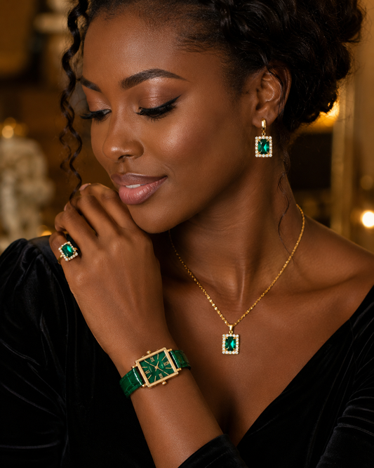ENSEMBLE MONTRE & BIJOUX LUXE ÉMERAUDE – 5 PIÈCES