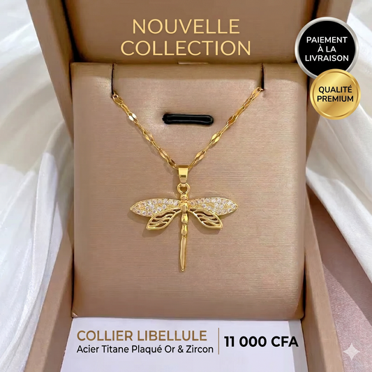 COLLIER FEMME LIBELLULE – ACIER TITANE PLAQUÉ OR & ZIRCON