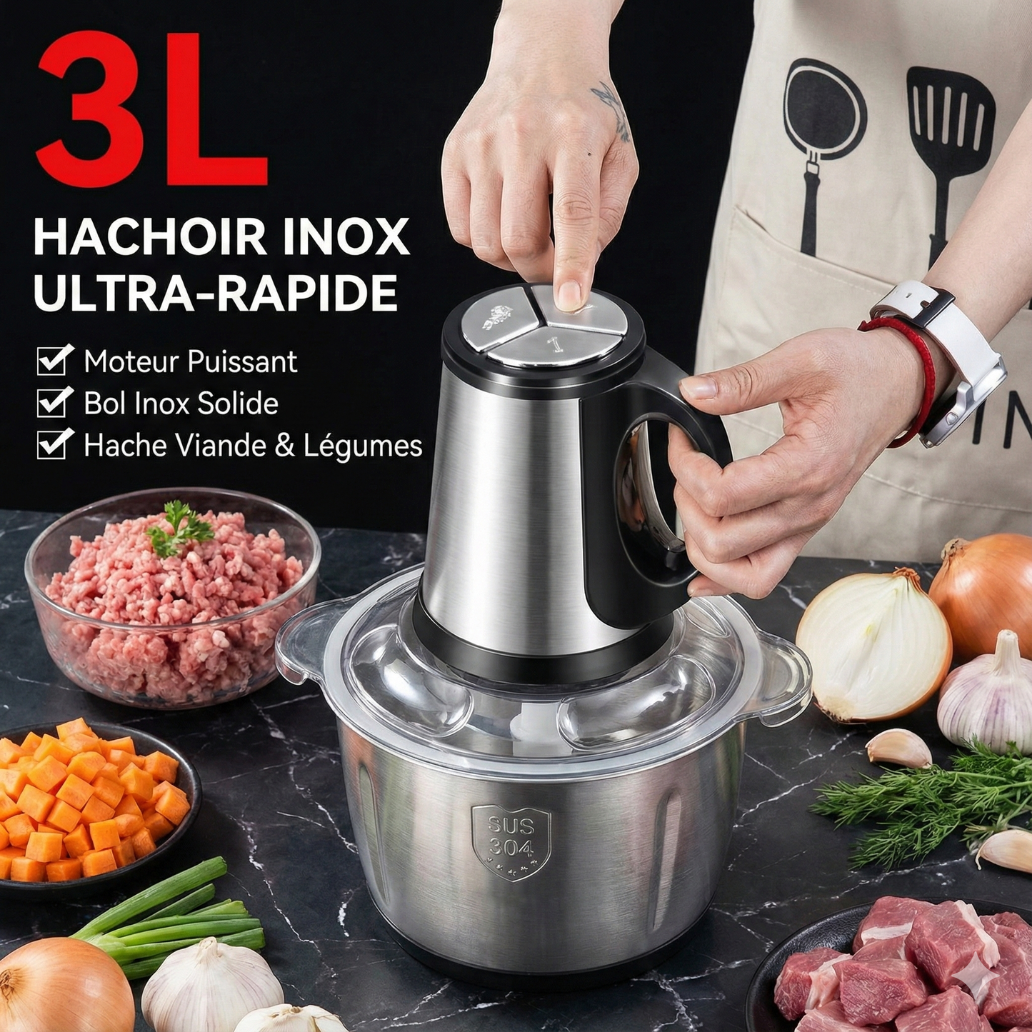 Hachoir alimentaire 3 vitesses en acier inoxydable