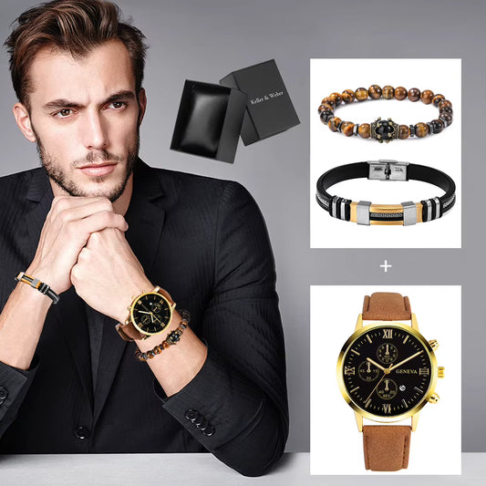 ENSEMBLE MONTRE & BRACELETS HOMME ELEGANT