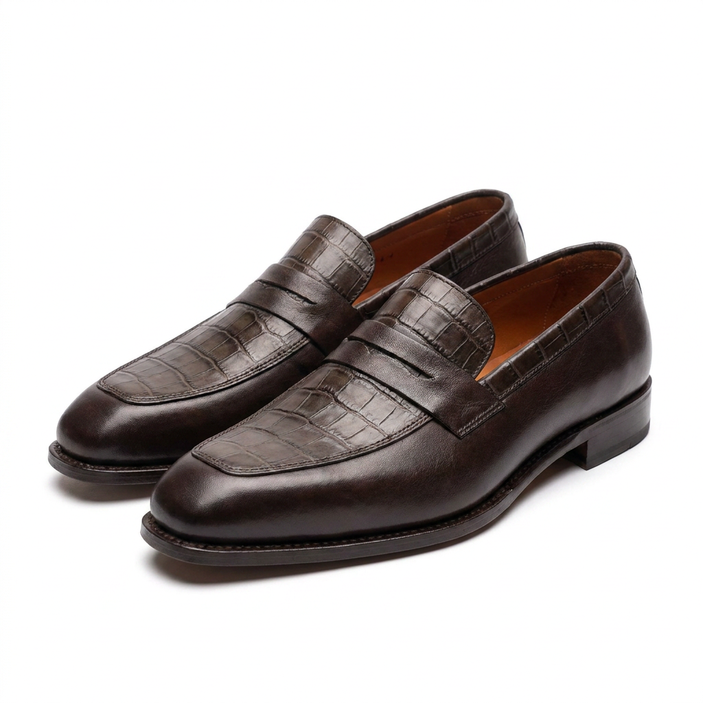 Mocassins Prestige en Cuir Chocolat & Effet Crocodile – Élégance Masculine au Congo