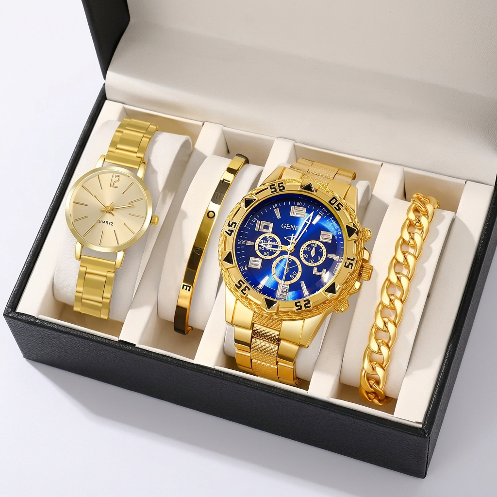 Ensemble Prestige Couple – Montres & Bracelets de Luxe Dorés