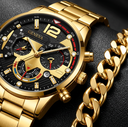 Ensemble Montre Geneva Premium & Bracelet Or - Élégance Masculine