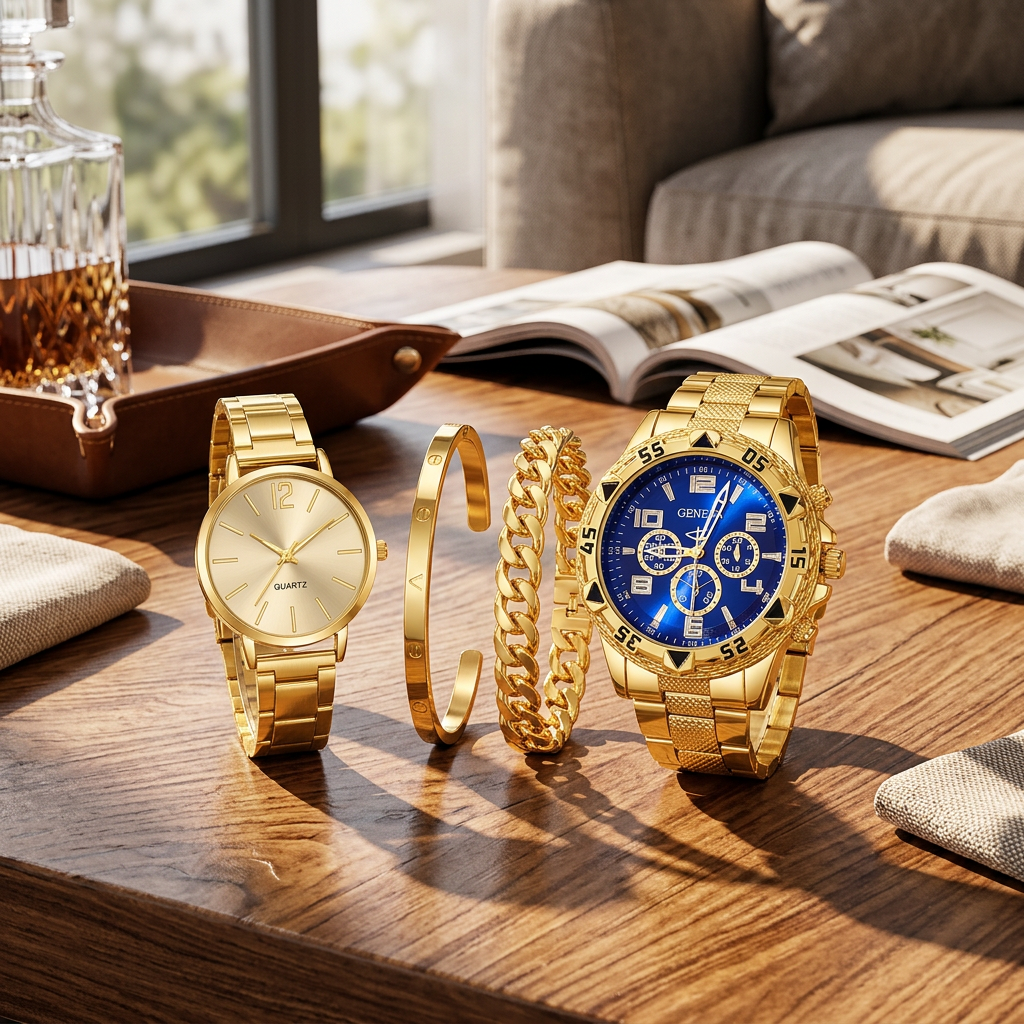 Ensemble Prestige Couple – Montres & Bracelets de Luxe Dorés