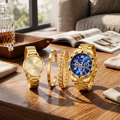 Ensemble Prestige Couple – Montres & Bracelets de Luxe Dorés