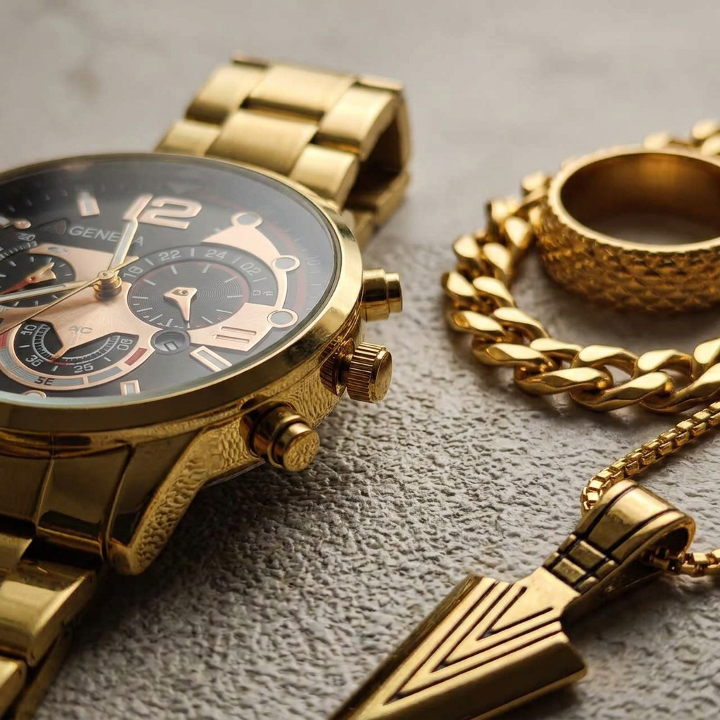 Parure Prestige Homme Or - Montre, Collier Flèche & Gourmette