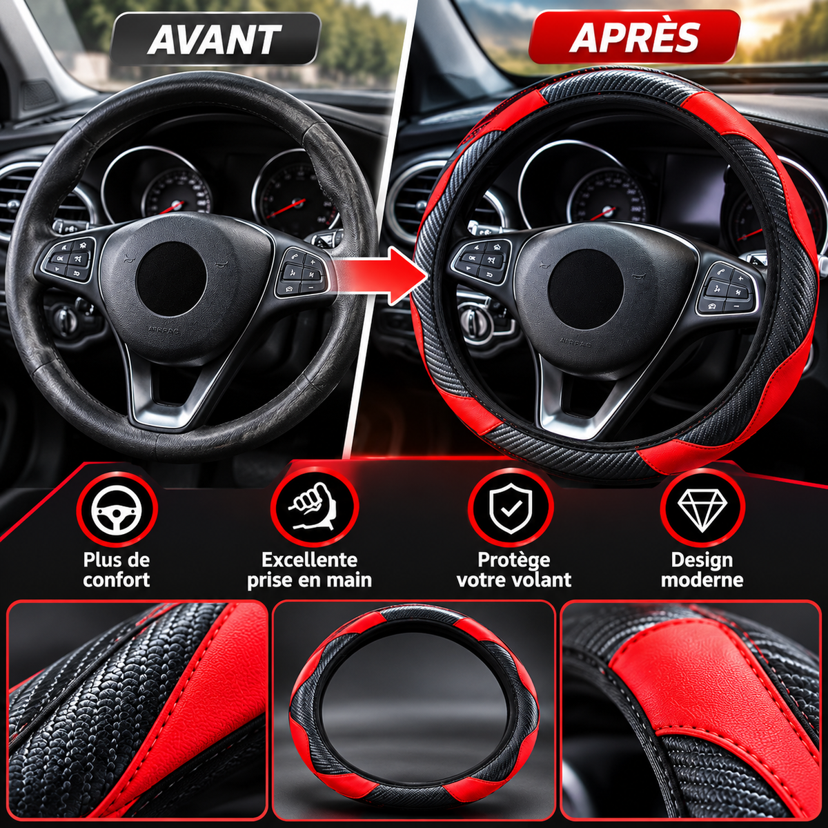 Couvre-Volant Sport Premium en Cuir & Carbone