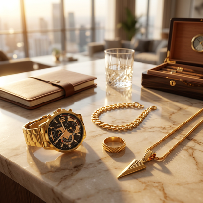 Parure Prestige Homme Or - Montre, Collier Flèche & Gourmette
