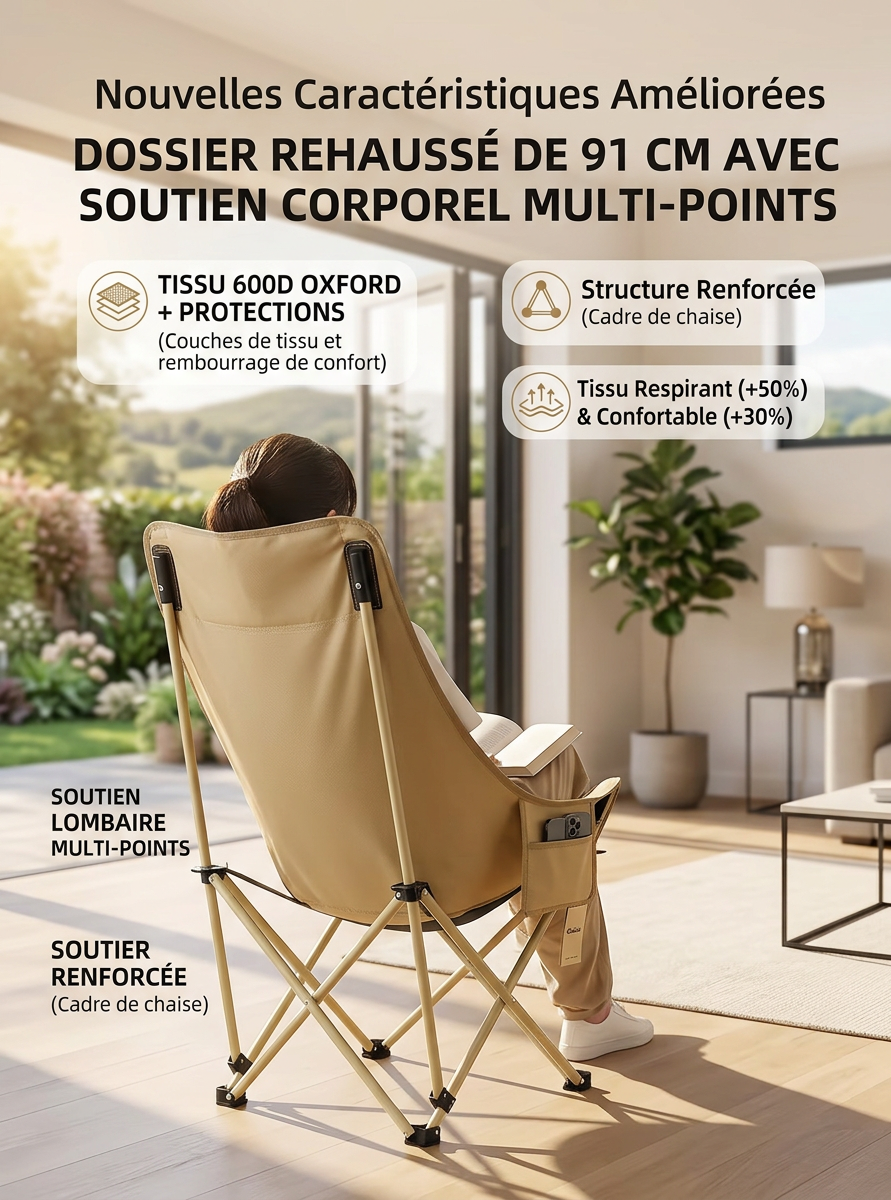 Chaise de Camping Grand Confort Premium – Dossier 91cm & Structure Renforcée
