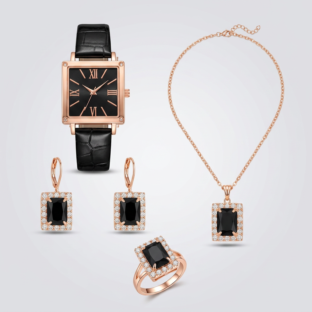 Parure Royale Émeraude Noire & Or – Montre Vintage et Bijoux Femme