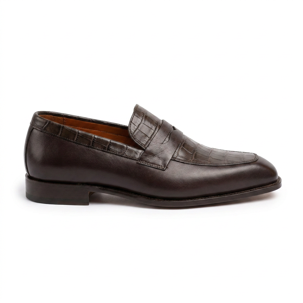 Mocassins Prestige en Cuir Chocolat & Effet Crocodile – Élégance Masculine au Congo