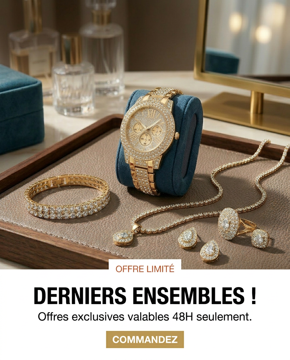 MONTRE QUARTZ DE LUXE POUR FEMME + ENSEMBLE BIJOUX ÉLÉGANT