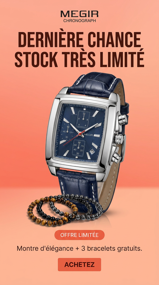 MONTRE HOMME LUXE RECTANGULAIRE ET LOT 3 BRACCLET GRATUIT